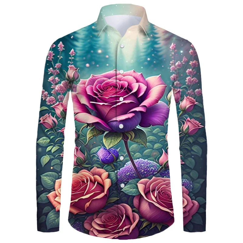 Rose Floral Pattern Hawaiian Shirts For Men Colorful 3D Printed Blouse Casual Loose Aloha Shirts Long Sleeves Tops Streetwear