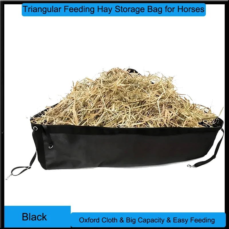 Triangular Horse Feeder Breathable Mesh Bottom Hay Feeding Storage Bag for Livestock Oxford Fabric Material Black