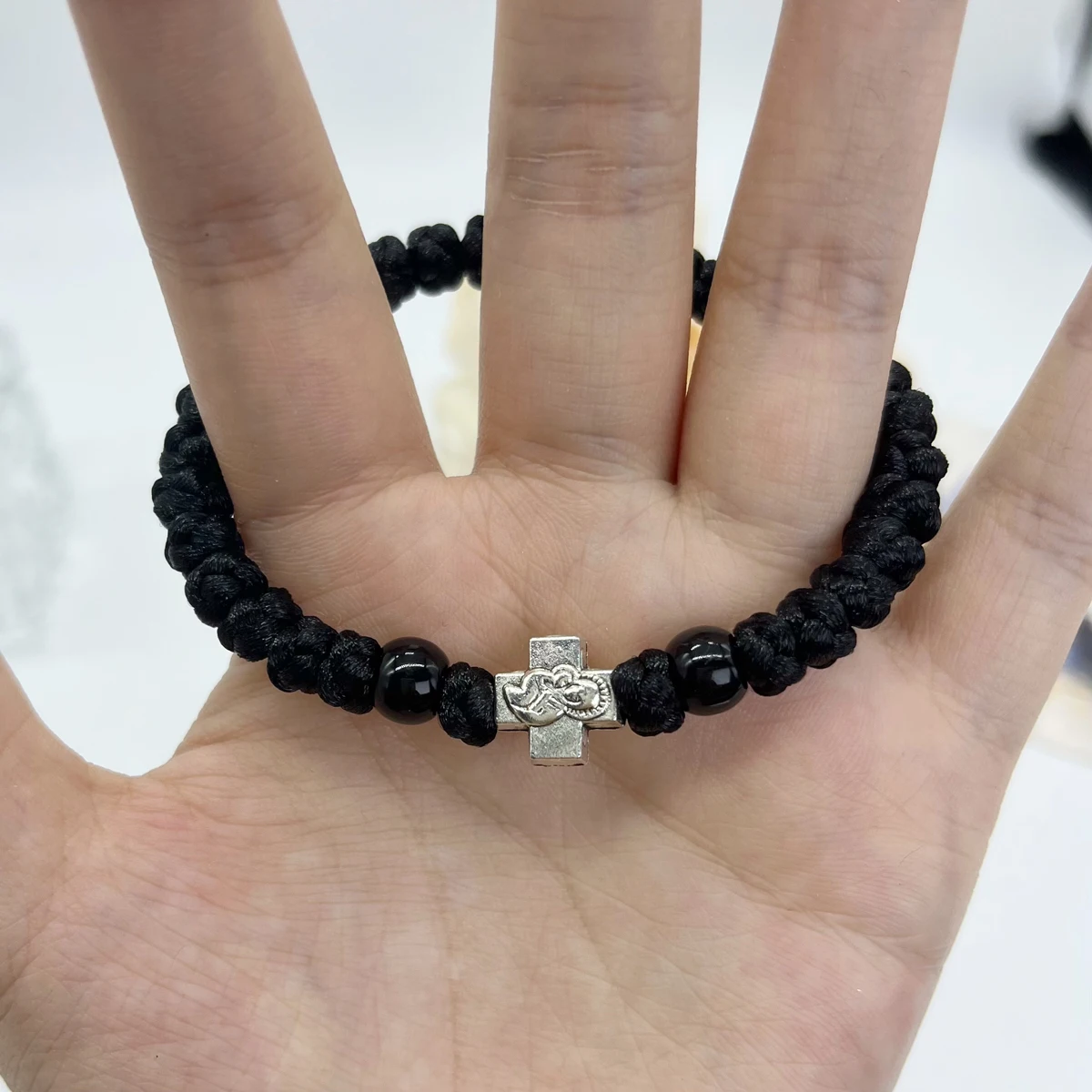 1-Piece Set Of Alloy Cross Red Blue Bead Woven Bracelet Retro Men's and Women's Orthodox Prayer and Blessing Bracelet