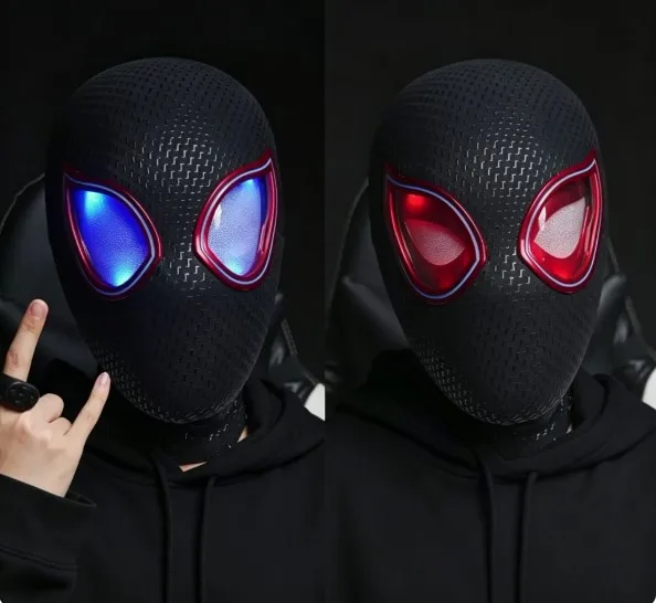 Maska Milesa Moralesego z kreskówki w skali 1:1 z ruchomymi oczami, elektroniczny hełm Spider-Mana sterowany pierścieniem, maska cosplayowa jako zabawka na prezent urodzinowy.