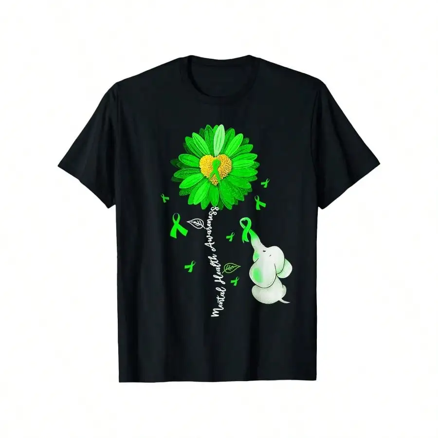 

Black Sunflower Green Ribbon Elephant T-Shirt - Unisex 100% Cotton Streetwear Casual Tee with Mental Health Awareness Design
