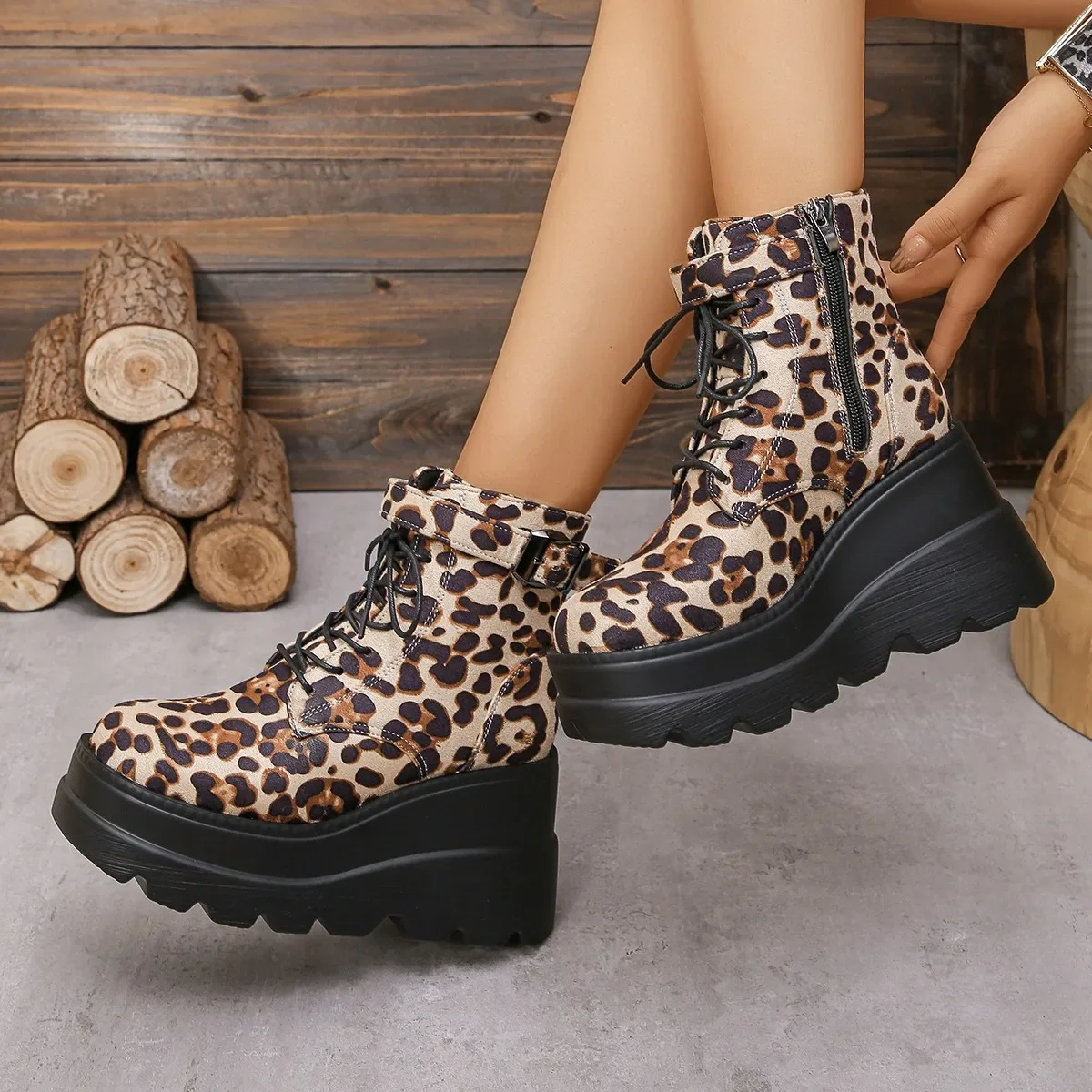 2024 Ladies Shoes Large Size Ankle Women\'s Boots High Heel Modern Boots Women Leopard Side Zip Front Lace-up Wedge Female Shoes