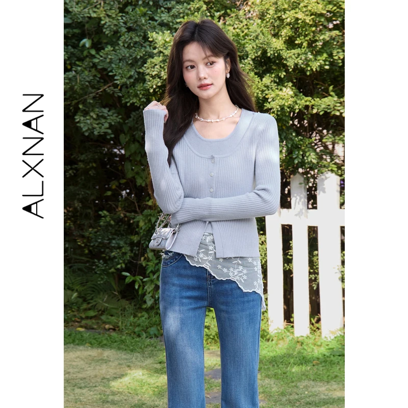 

Женский вязаный топ ALXNAN, светло-голубой, имитация двухслойности, весенний, с длинным рукавом, пуловеры 2026, модные приталенные топы для женщин L62102