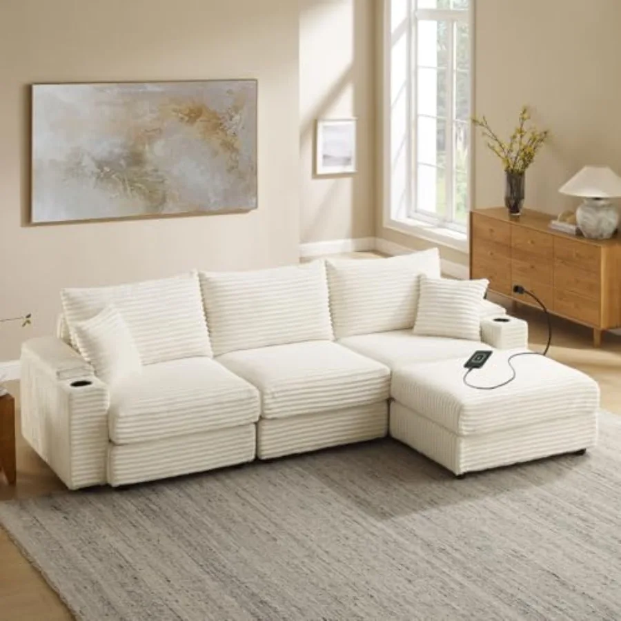 

Cloud Sectional Couch, L-Shaped Modular Sectional Sofa with Ottoman for Living Room, Plush Corduroy Comfy Upholstered Couches w