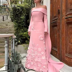 OLOEY Elegant Pink Straight Evening Dress Off Shoulder 3d Flowers Prom Gown Floor Length Button Long Sleeves Arabic Modeat Zip