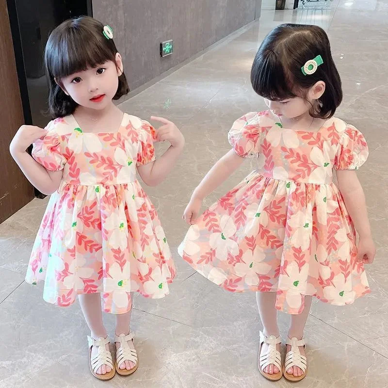 

Summer Girl Floral Dresses Kids Bubble Sleeve Princess Dress Children Birthday Party Ball Clothes Sweet Short Sleeve Print Dress