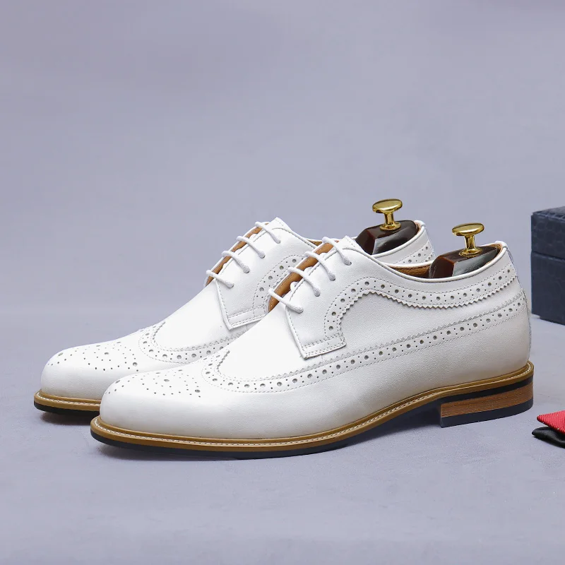 Brogue Shoe British Style Genuine Leather White Shoes Formal Business Invisible Height Increase 5cm Carved Insole Height Leather