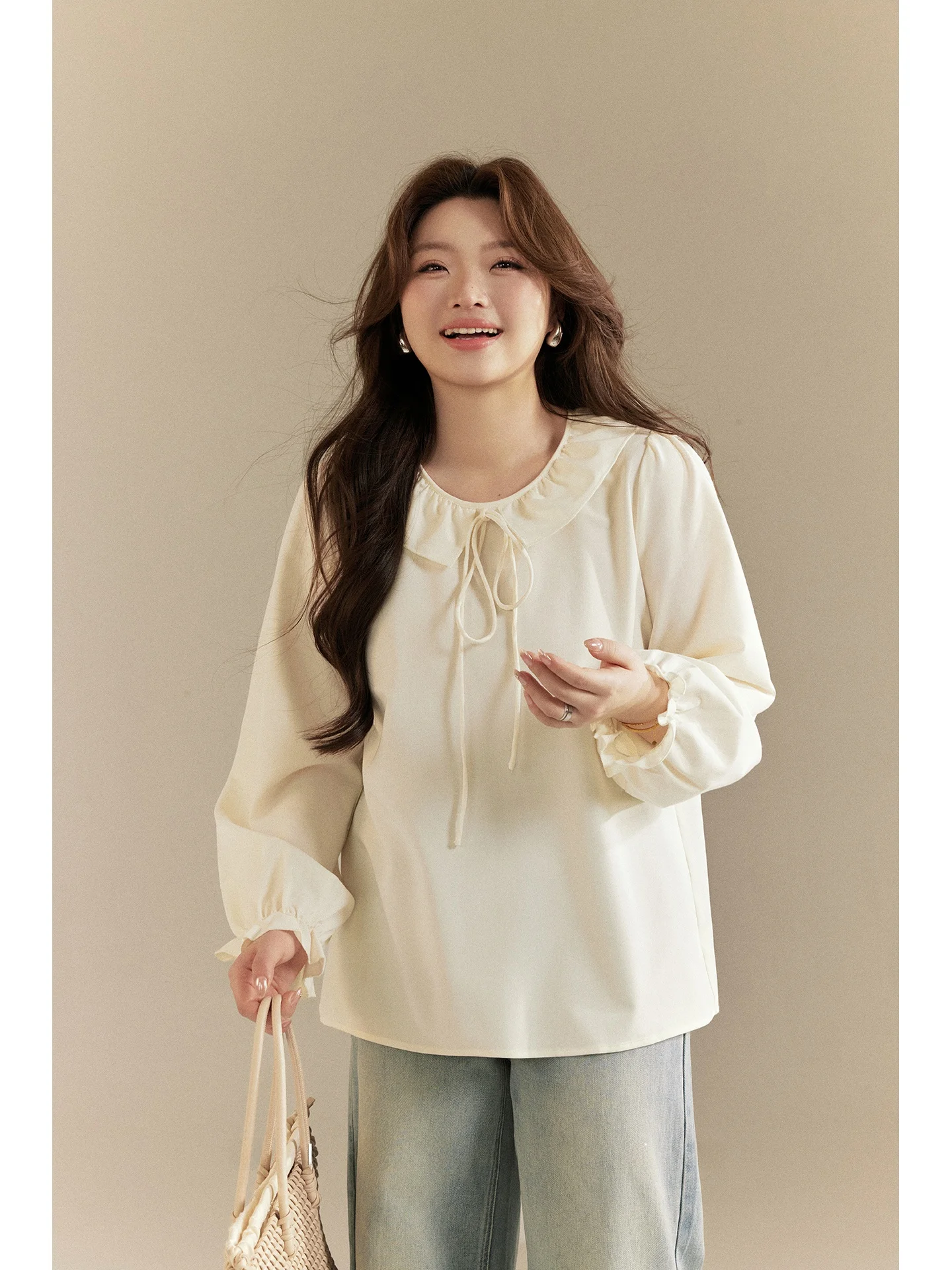 

Miss ng Large Size Women's irt Doll Collar Belted Spring New Sle Wooden Ear Sensation Top Commute Sle Slim Fit L...