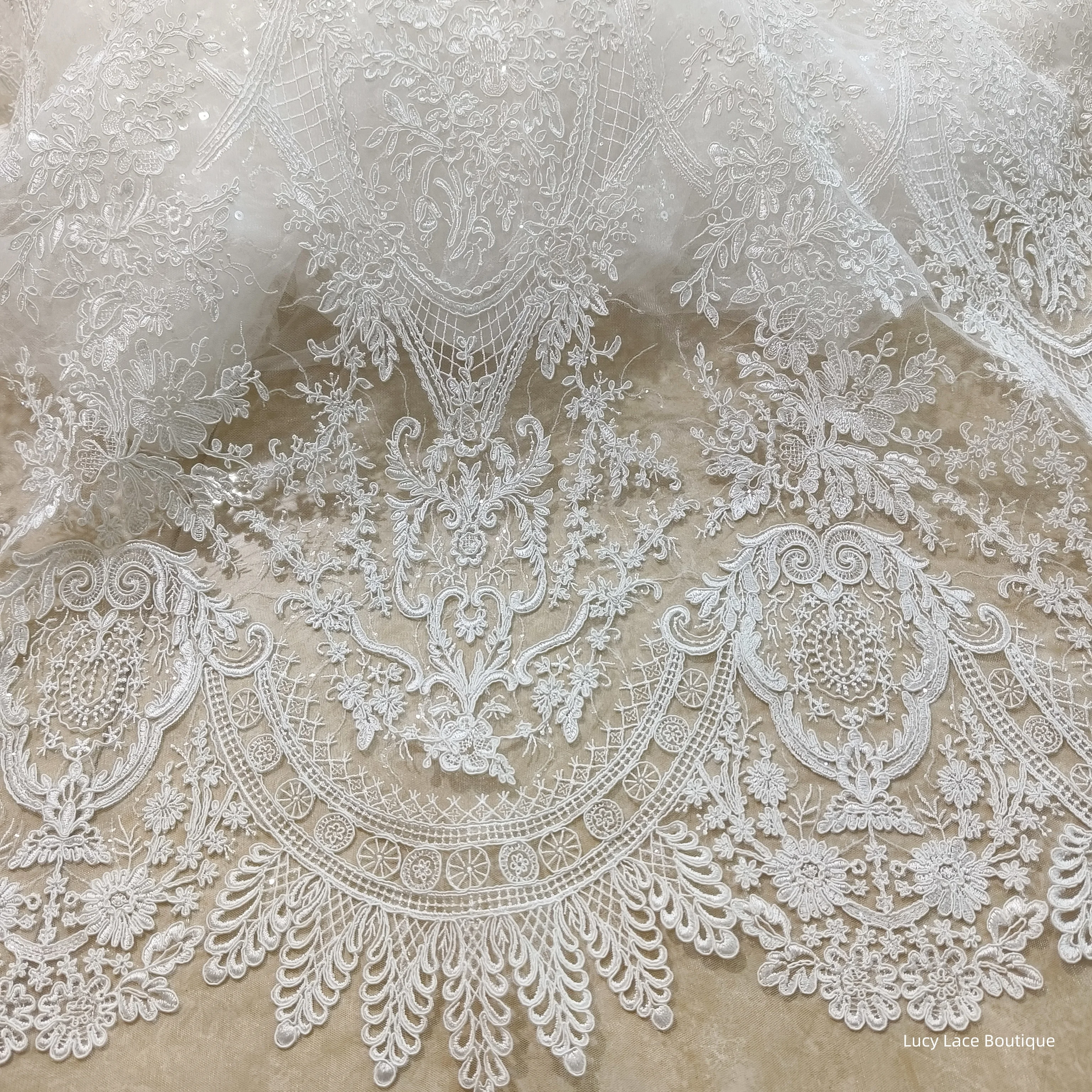 1.3M Wide Luxurious Embroidery Corded Tulle Mesh Lace Fabric European Style Gowns Lace Material Off White Colour with Sequins