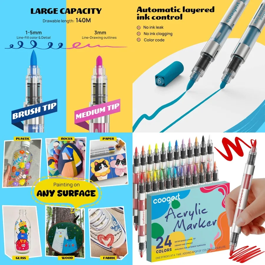 

24 маркера для акриловой краски с автоматическим управлением чернилами и кончиком кисти с двойным наконечником и средним наконечником для наскальной живописи, деревянной ткани, холста, стекла
