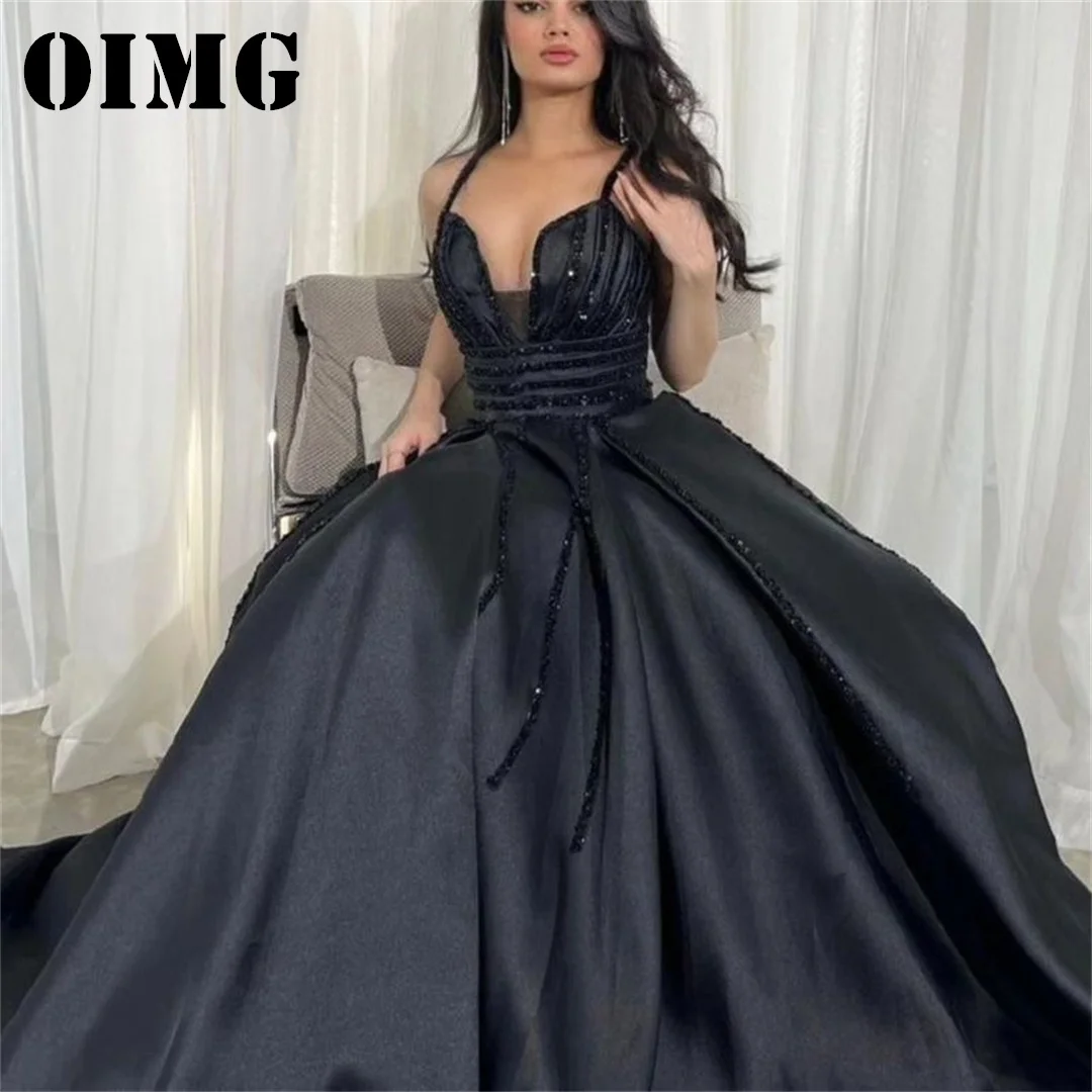 

OIMG Spaghetti Straps Prom Dresses Saudi Arabic Women Satin A-Line Black Bead Backless Gowns Occasion Formal Party Dress