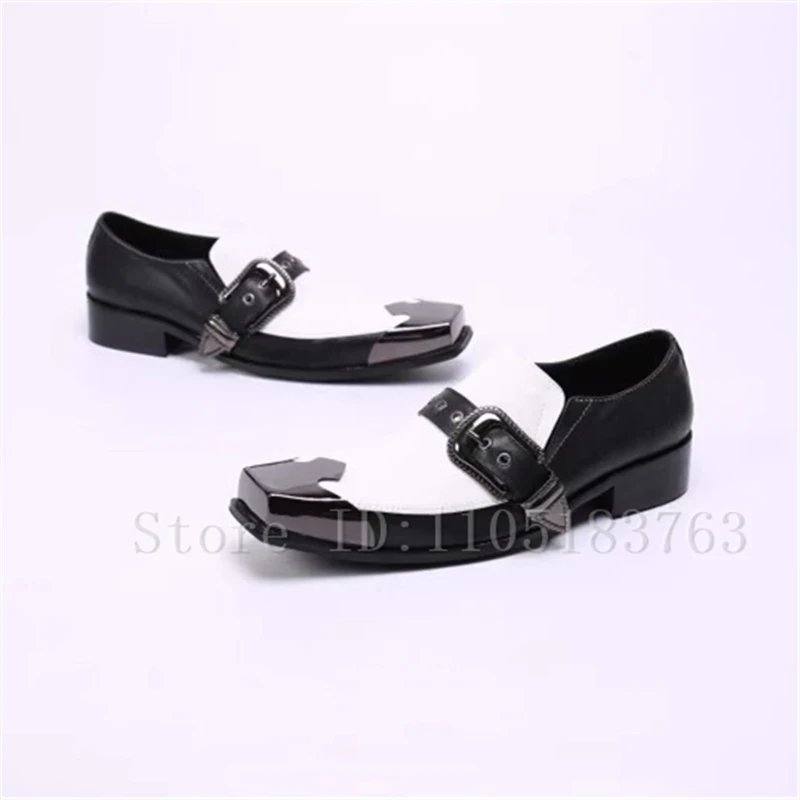 

Black White Mixed Color Belt Buckle Men Shoes Metal Square Toe Handmade Business Wedding Party Formal Dress Shoes