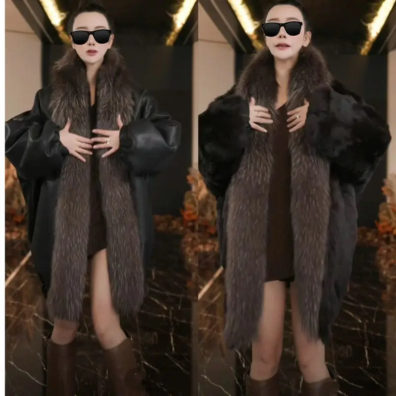 

Ele Retro Bla Fce Lined Long Women's Leather Jaet Loose Silhouette Warm Faionable High End Outerwear