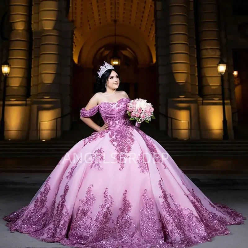 ANGELSBRIDEP Vestido De quinceañera Rosa Mexicana, Vestido De baile con apliques De lentejuelas brillantes, dulce 16, Vestido De princesa De 15 años