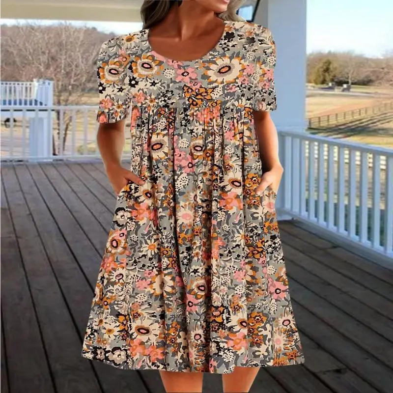 

Plus Size Women Orange Short Sleeve Scoop Neck Floral Printed Pockets Midi Dress