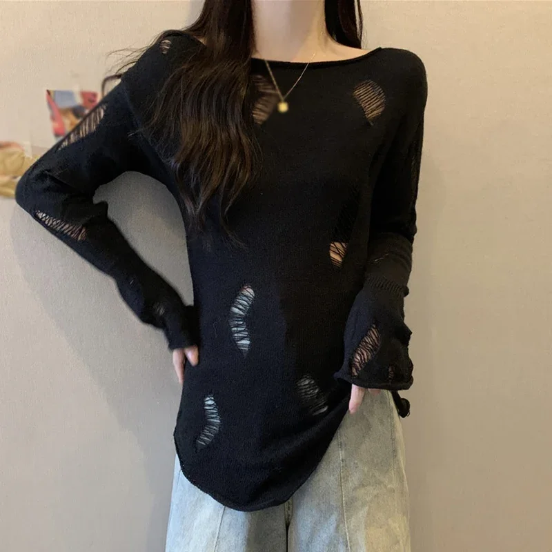 Women T-shirts Loose Fitting Sun Protection Smock Split Irregular Long Sleeve Medium Length Knitted Tulle Top