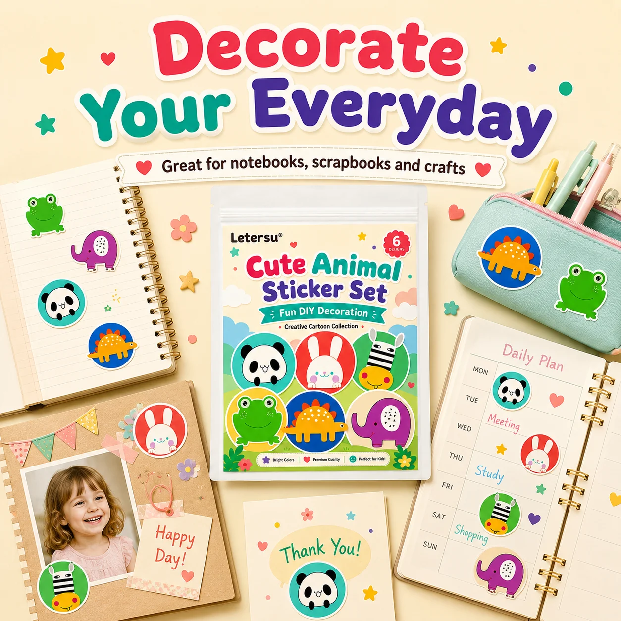 Cute Animal Stickers for Kids, Cartoon Panda Rabbit Frog Elephant Sticker Set, DIY Scrapbook Reward Decoration Stickers