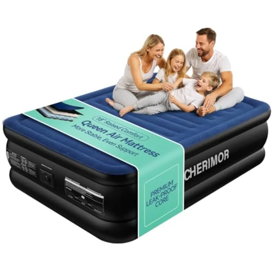 Queen Air Mattress for home and camping use, PVC material, gray color, built-in pump with 3-minute inflation and 800lbs heavy-d
