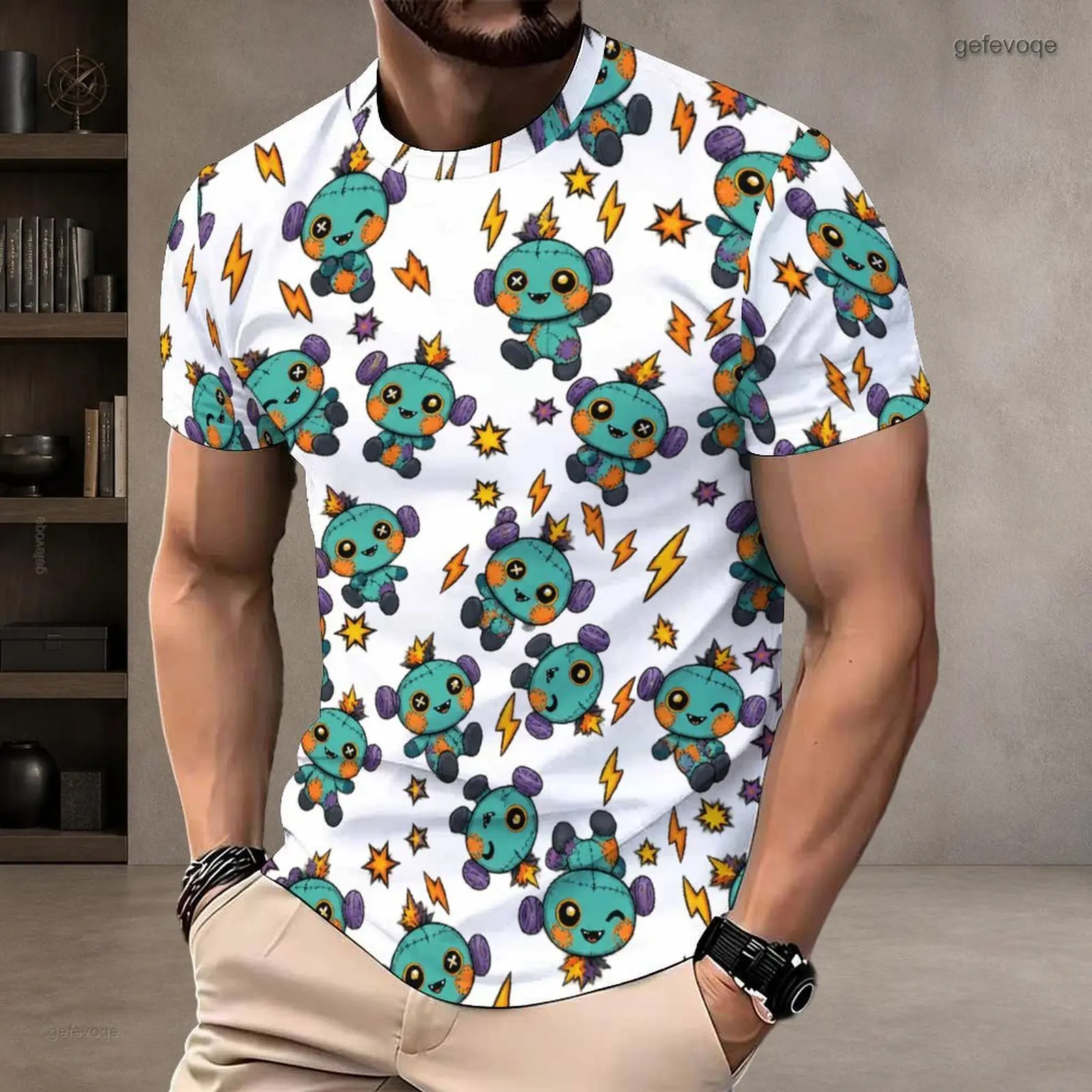 Men Round Neck Short Sleeve T-Shirt, All Over Printed Cute Cartoon Voodoo Doll, Lightning and Star Pattern