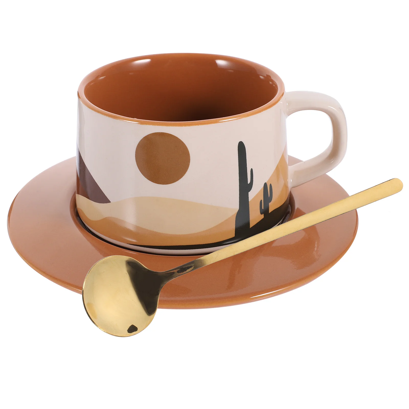 

1Set Ceramic Coffee Cup Abstract Pattern Milk Mug Functional Handle Hot Chocolate Tea Cup Saucer Spoon Set Coffee Mugs