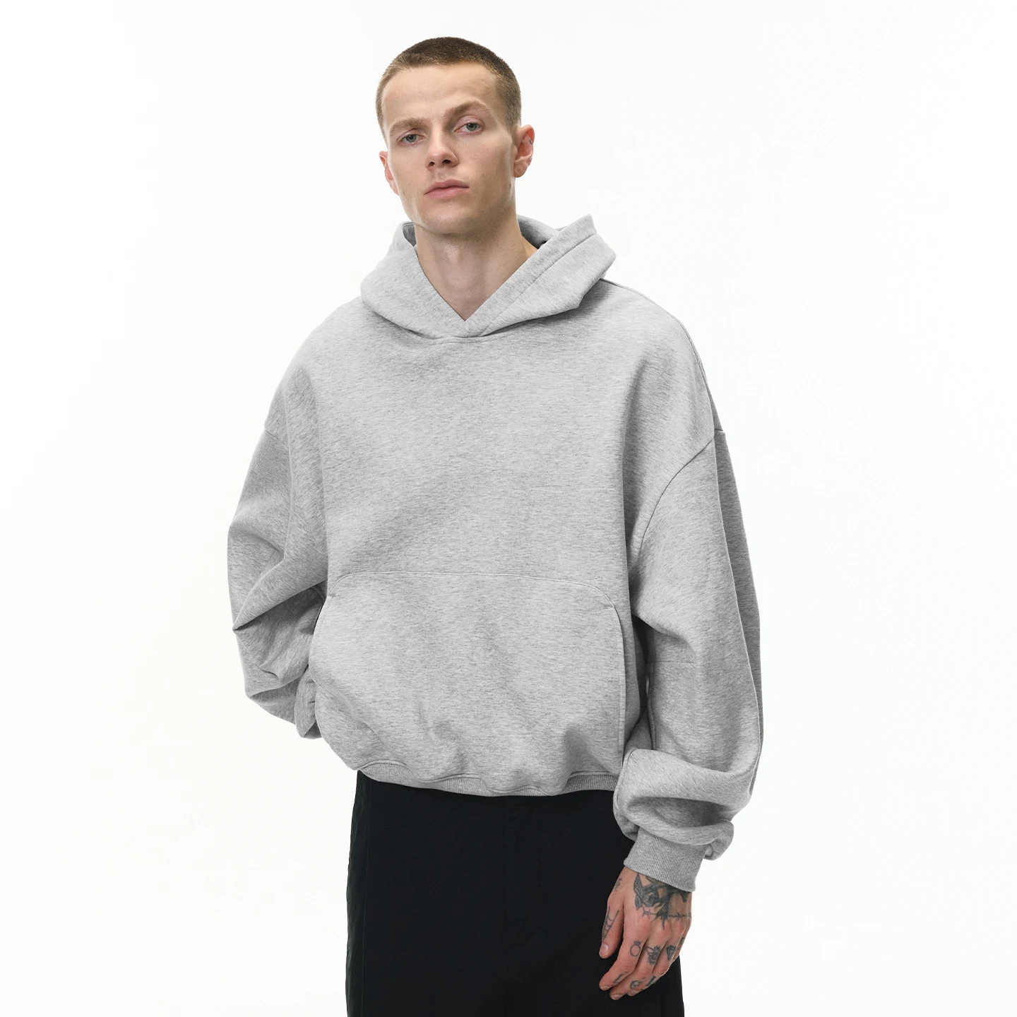 INFLATION Men Short Curved Hem Hoodie Winter 2025 American Streetwear Eggshell Fleece Warm Pullover Sweatshirt