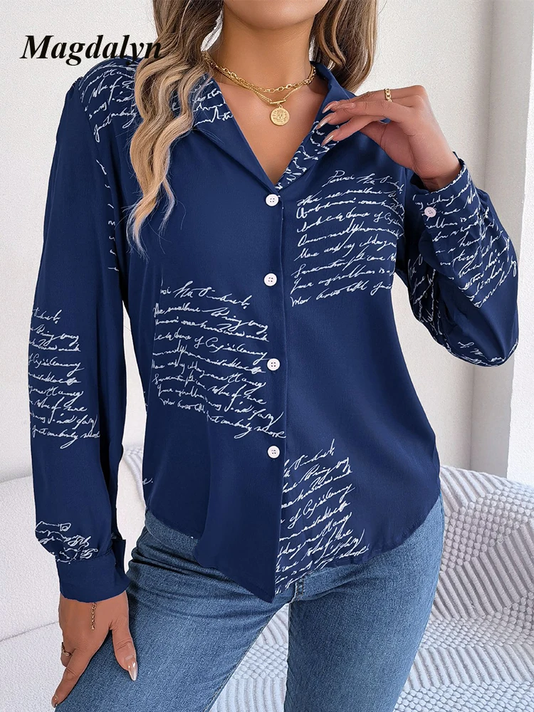 Magdalyn Women Letter Print Chiffon Blouse Autumn Long Sleeves Fashion Streetwear Blouses Y2K Office Lady Turn-down Collar Tops