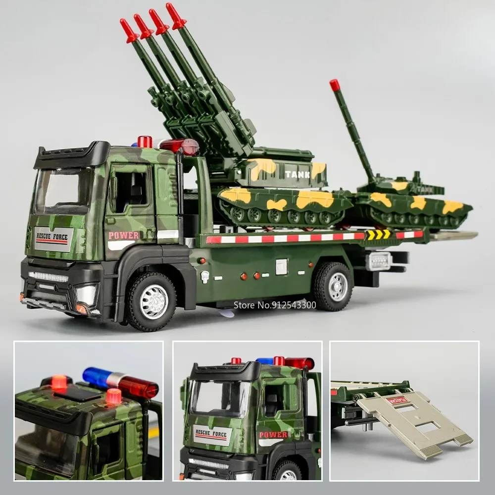 1:32 Military Tank Transport Alloy Car Models Toy Diecast Metal Doors Opened Vehicle Sound Light Pull Back Toys for Kids Gifts