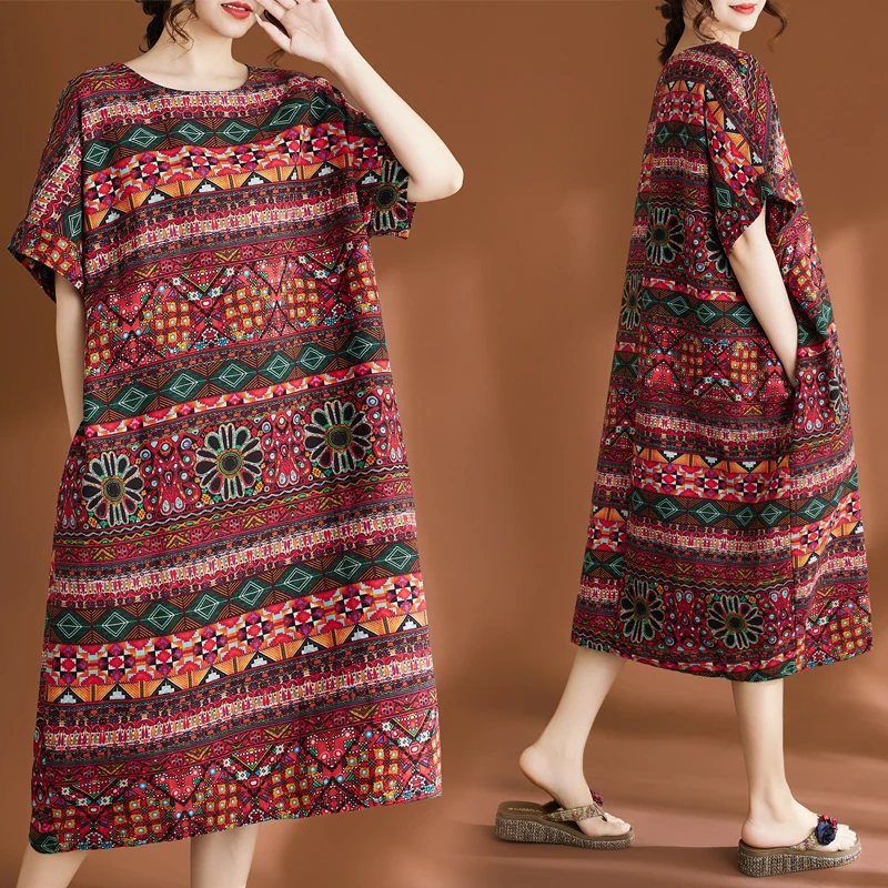

Casual Cotton Linen Thin Sle plus Size Women's Dr Ethnic Sle Printed Loose Fit Summer Dr for plus Size Women