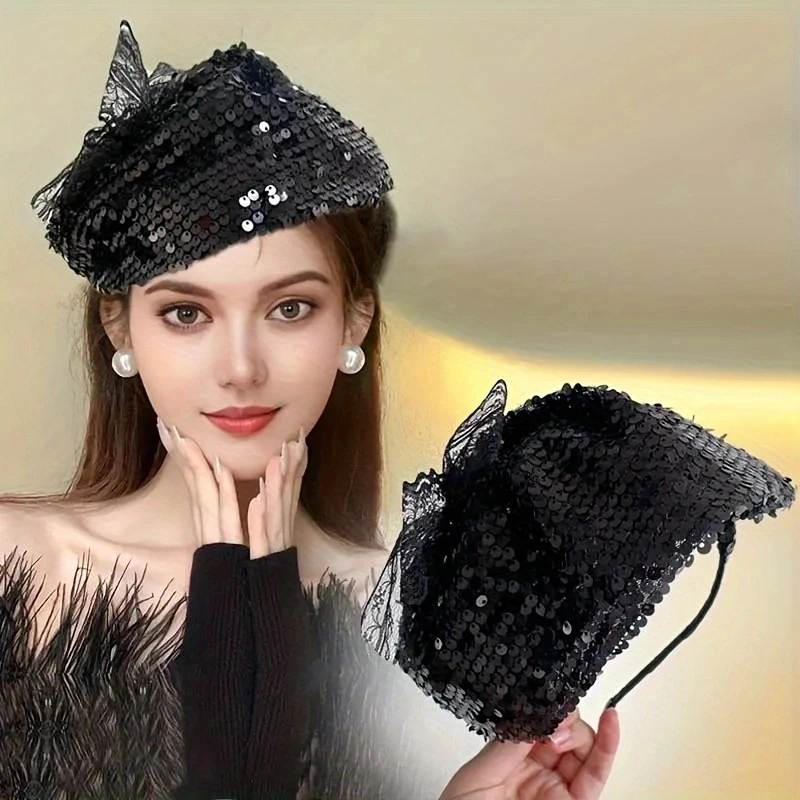 Spring Summer Vintage Glitter Sequin  Wide Brimmed Women\'s Half Hat Breathable Cover Hair Half Hat Hoop Headband French Fashion