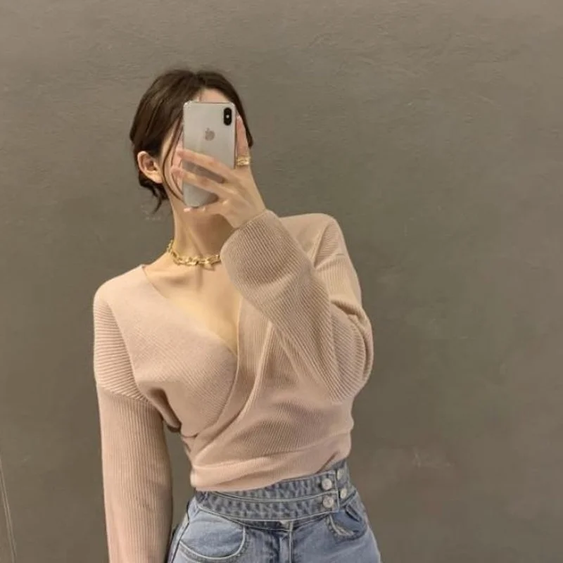 Pullovers Women Autumn Solid Sweaters Criss-Cross Korean Style Elegant Warm Spring Daily All-match V-neck Office Lady Casual New