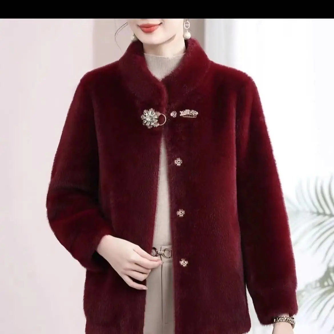 Abrigo de piel sintética para mujer, abrigo de lana de visón con cuello levantado, chaqueta de piel corta de manga larga de felpa y respetuosa con el medio ambiente Wh114