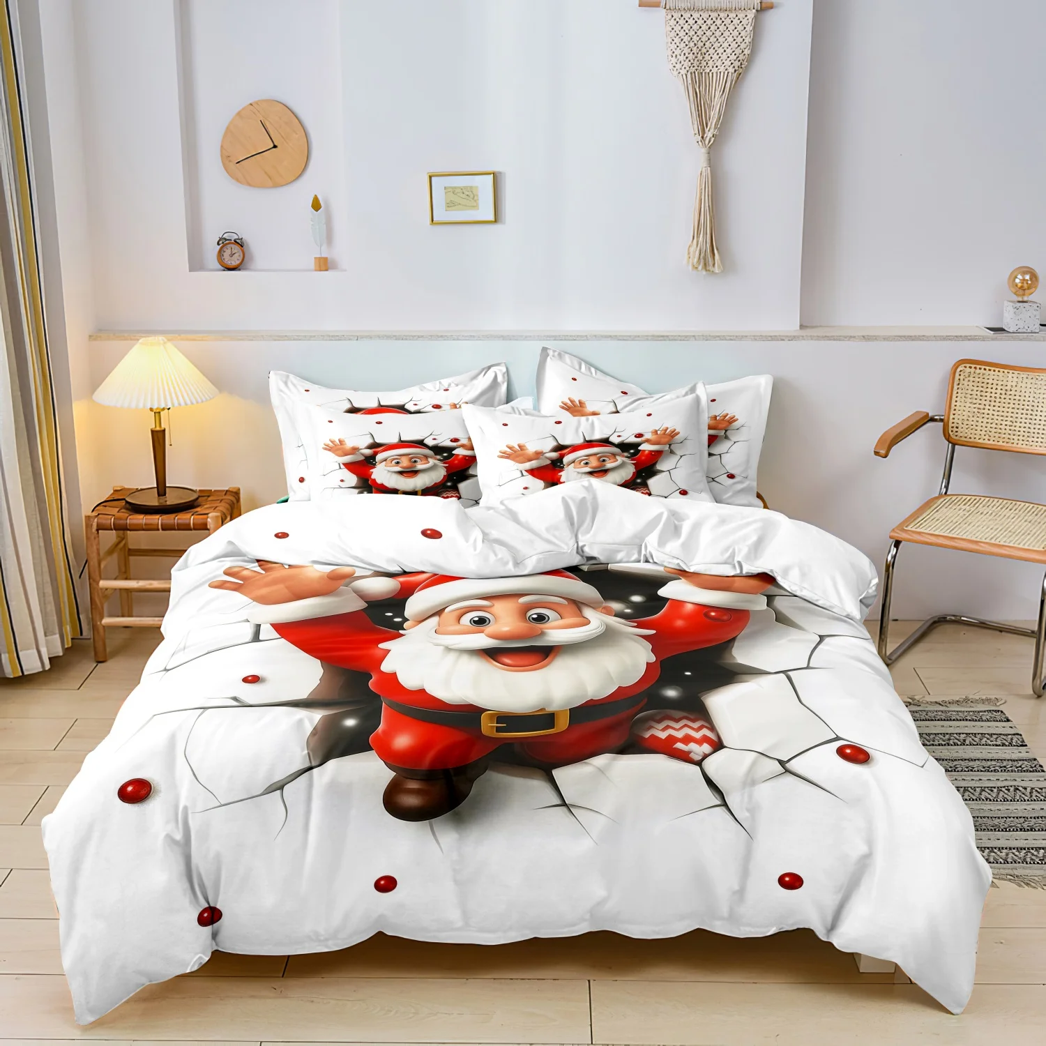 3Pcs Christmas Santa Claus Duvet Cover Set, Funny Break Through Wall Santa Print Bedding, Soft Microfiber Holiday Bedroom Decor