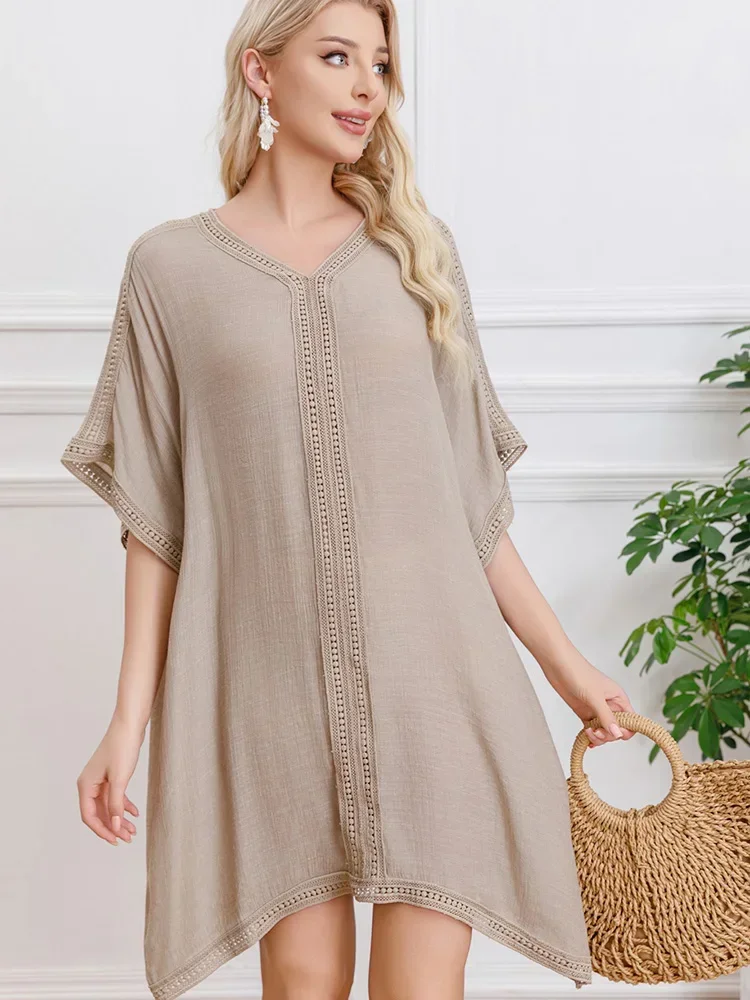 2025 new Thin Beach Cover-Ups Women Bikini Cover Up V Neck Solid Loose Beach Dress Summer Vacation Fashion Female Beachwear