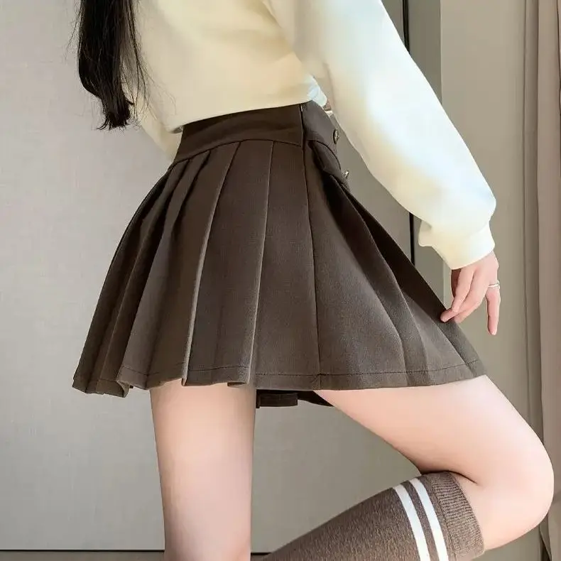 Tweed Geplooide Rok Korte Herfst Winter Half-Body Rok Hoge Taille Dubbele Rij Knopen Mode A-Woord Korte Rok Vrouwen Met Laarzen