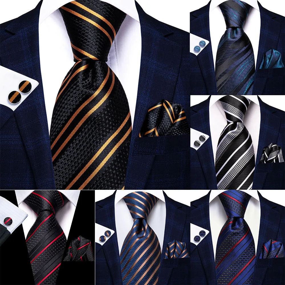 

Hi-Tie Design Black Gold Striped Blue Silk Wedding Tie For Men Handky Cufflink Gift Men Necktie Fashion Business Party Dropship