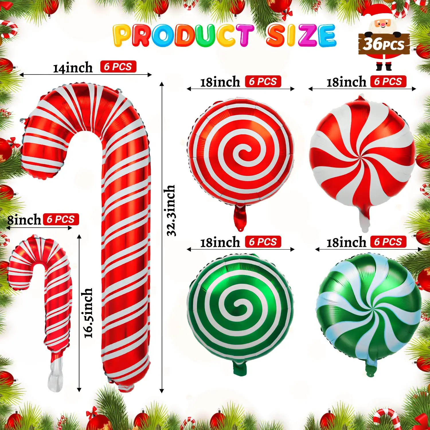 36-teiliges Weihnachts-Süßigkeits-Luftballons-Set, große Zuckerrohr-Wirbel-Süßigkeits-Folienballons, rot-grüne Folie, süße Süßigkeiten, Themenballons – Detail 2