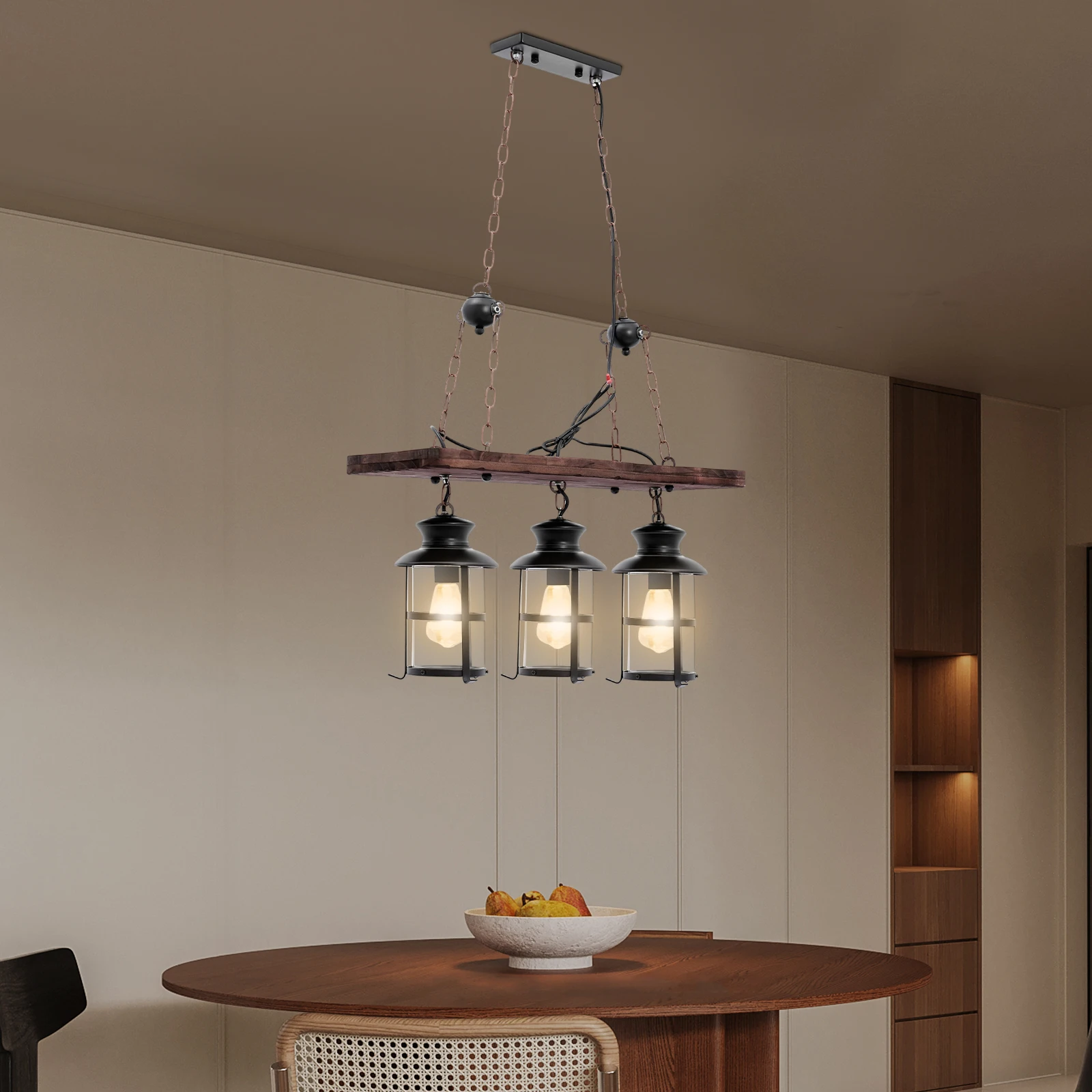 

Vintage Industrial 3-Light Pendant Lamp, Rustic Wood & Iron Chandelier for Cafe,Bar,Restaurant – E26/E27 Base, No Bulbs Included