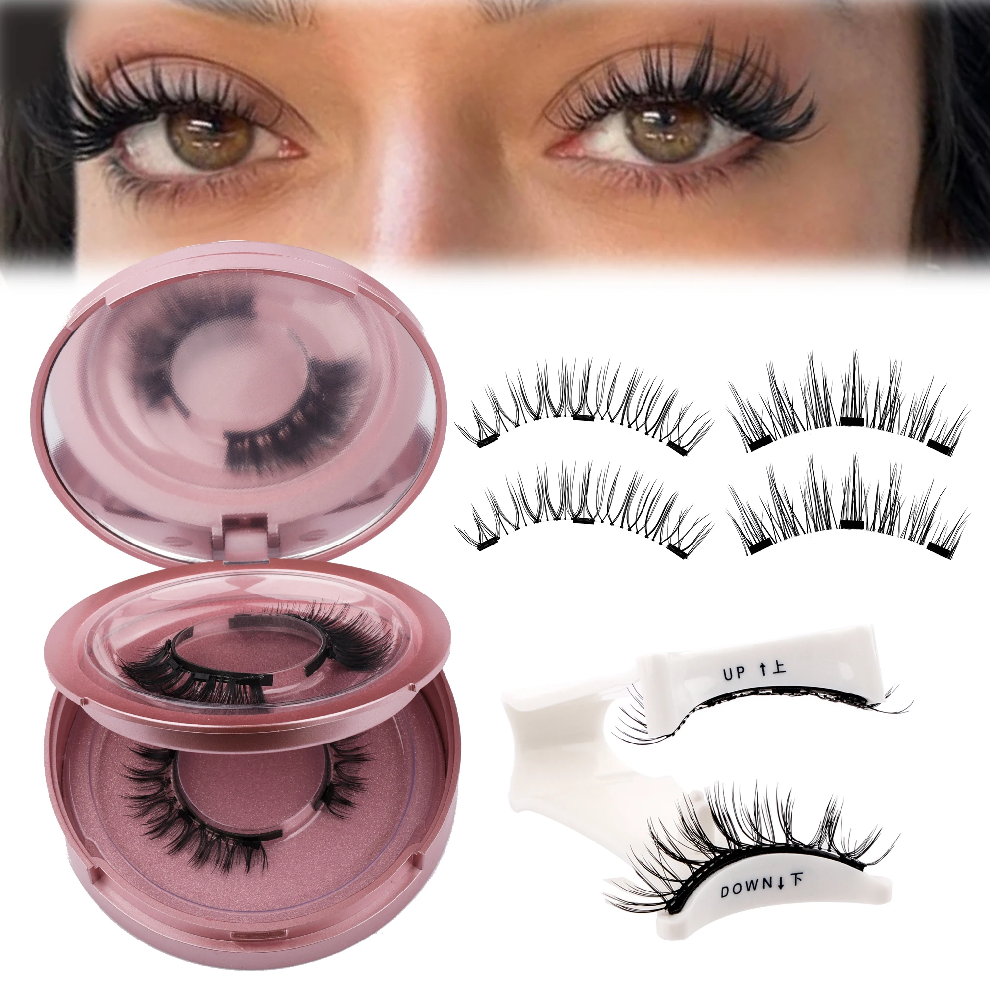 GEMERRY 1/2 paires de cils magnétiques avec applicateur Aspect naturel Réutilisable Bande douce Faux cils Sans colle Kit de maquillage facile à porter et à enlever long magnétique Faux