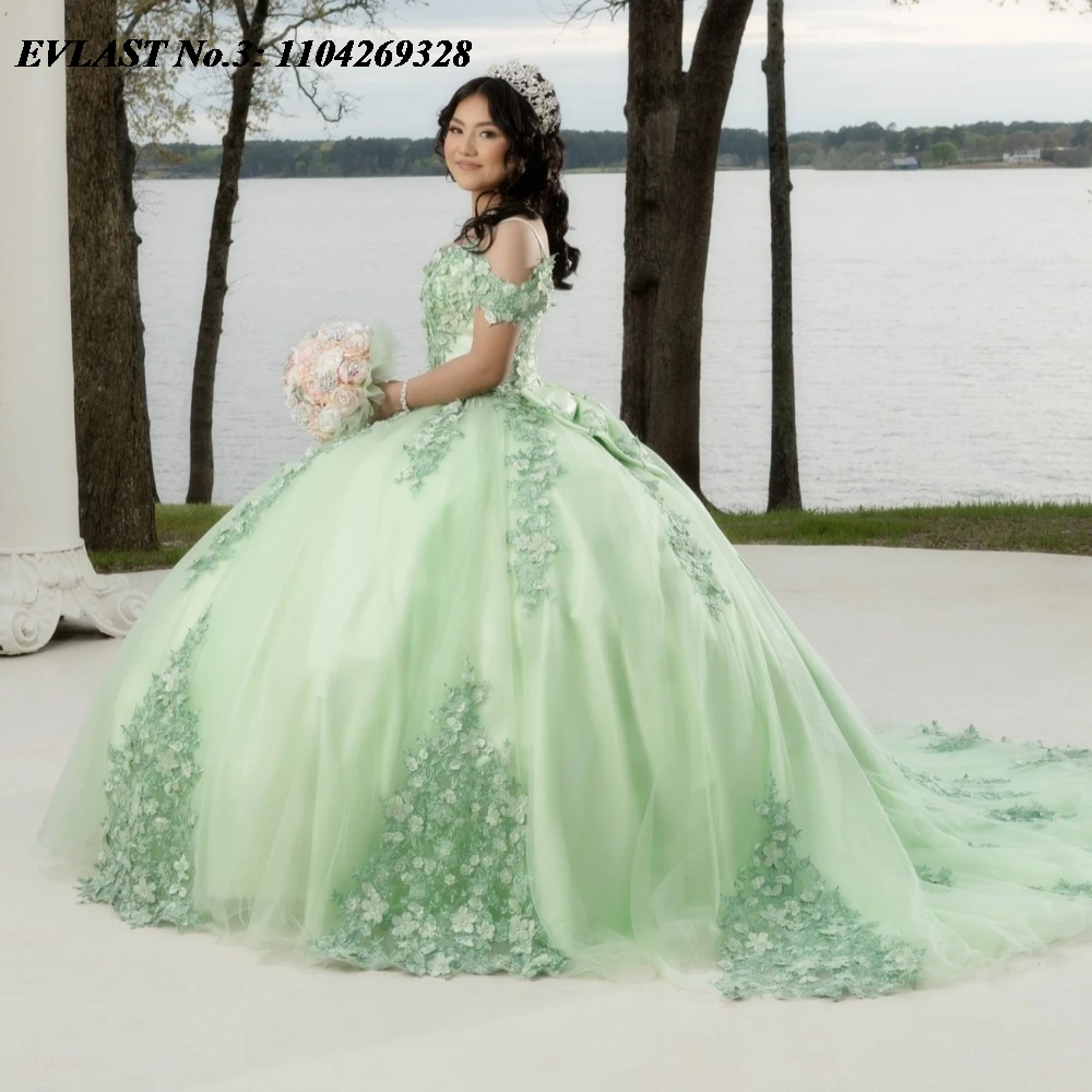 

EVLAST Customized 2025 Sage Green Quinceanera Dress Ball Gown 3D Floral Applique Beading Bow Sweet 16 Vestidos De 15 Anos E3Q804