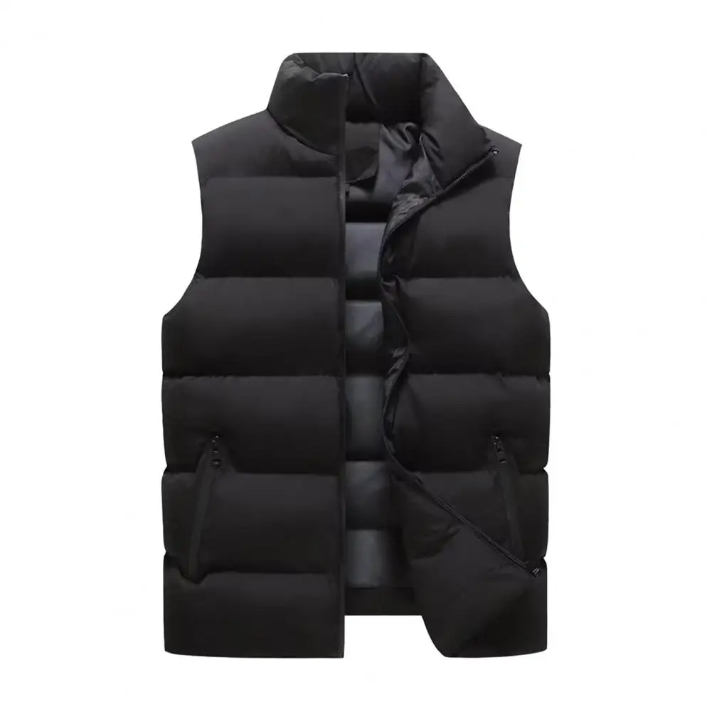 Men Waistcoat Stand Collar Sleeveless Zipper Closure Vest Coat with Pockets Solid Color Thickened Quilted Vest Jacket