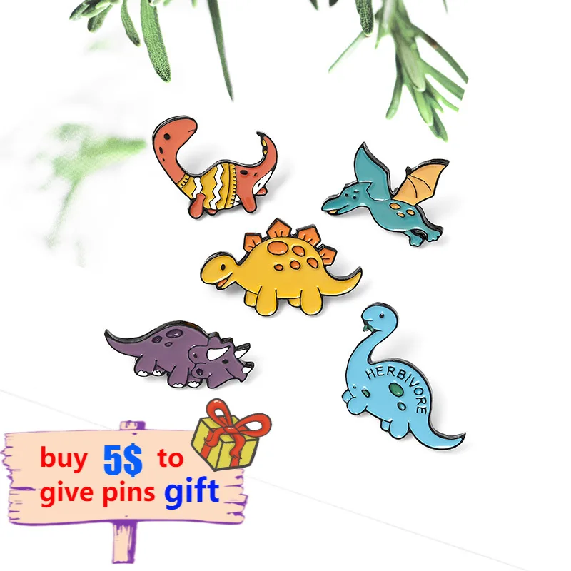 Cartoon Dinosaur Enamel Pins Stegosaurus Pterosauria Brooches for Kids Friends Jurassic Animal Badges Bag Lapel Pin Jewelry Gift