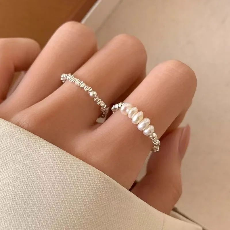 Simple Gentle Nugget Silver Beaded Rings For Women Fashion Vintage Pearl Fingers Accessory Jewelry Party Casual Wear Girls Gifts