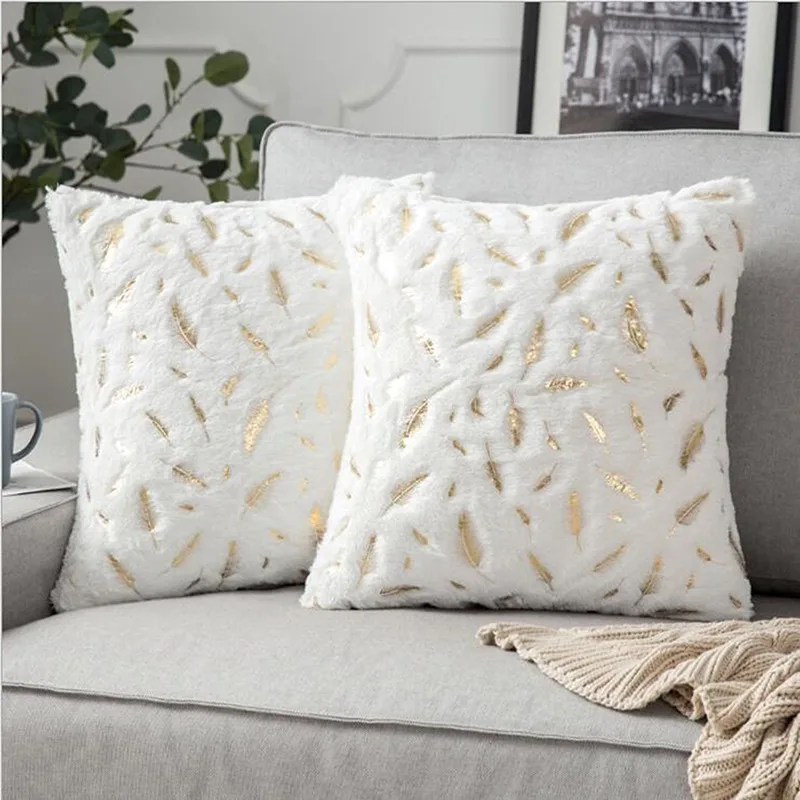 

Bronzing Feather Pillow Case Plush Cushion Cover Decor Throw Pillowcase For Seat Sofa Bed Office Home Decoration 43*43cm