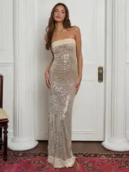Mozision Sequin Strapless High Split Sexy Maxi Dress Women Elegant Off-shoulder Sleeveless Backless Sparkle Floor Length Dress