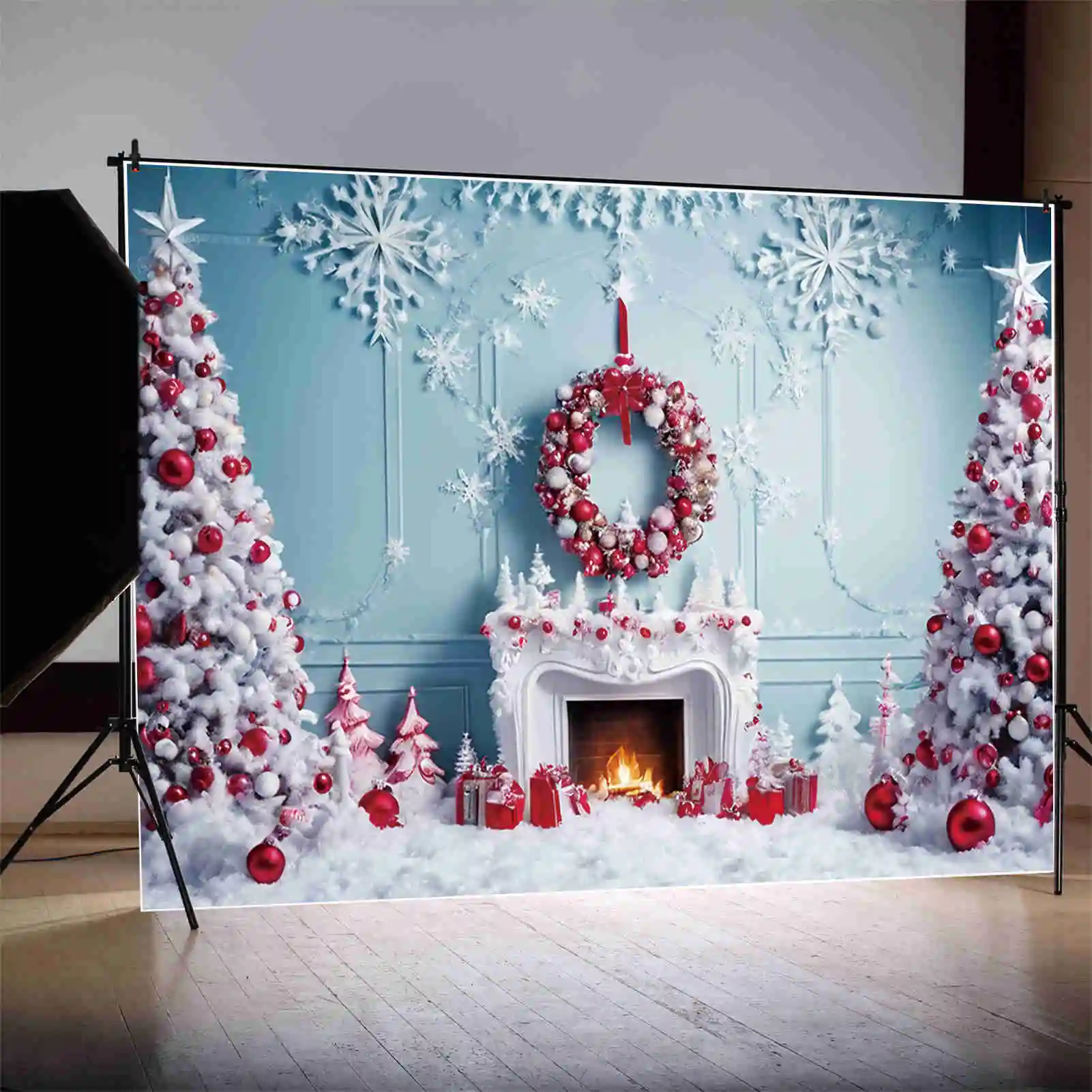 MOON.QG Christmas Snow Tree Backgrounds Living Room Snowflake Gift Silver Western Backdrop Party Decor Photo Shoot Accessories