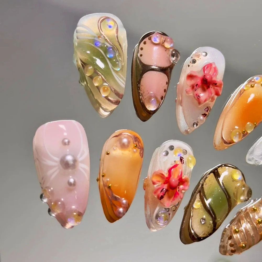 10Pcs Handmade Manicure Medium Almond Fake Nails 3D Cute Flower Limited Nails Press On Nails Design with Adhesive Nail File Set