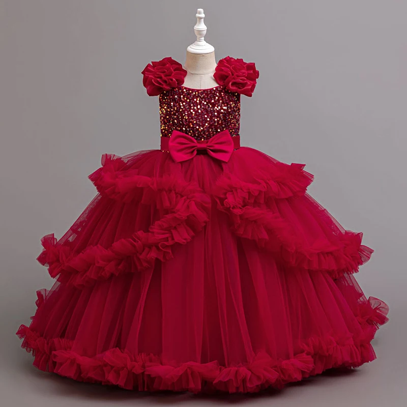 New elegant girl dress, tulle sequin long flower girl dress suitable 4-12 year old girl Christmas performance clothing