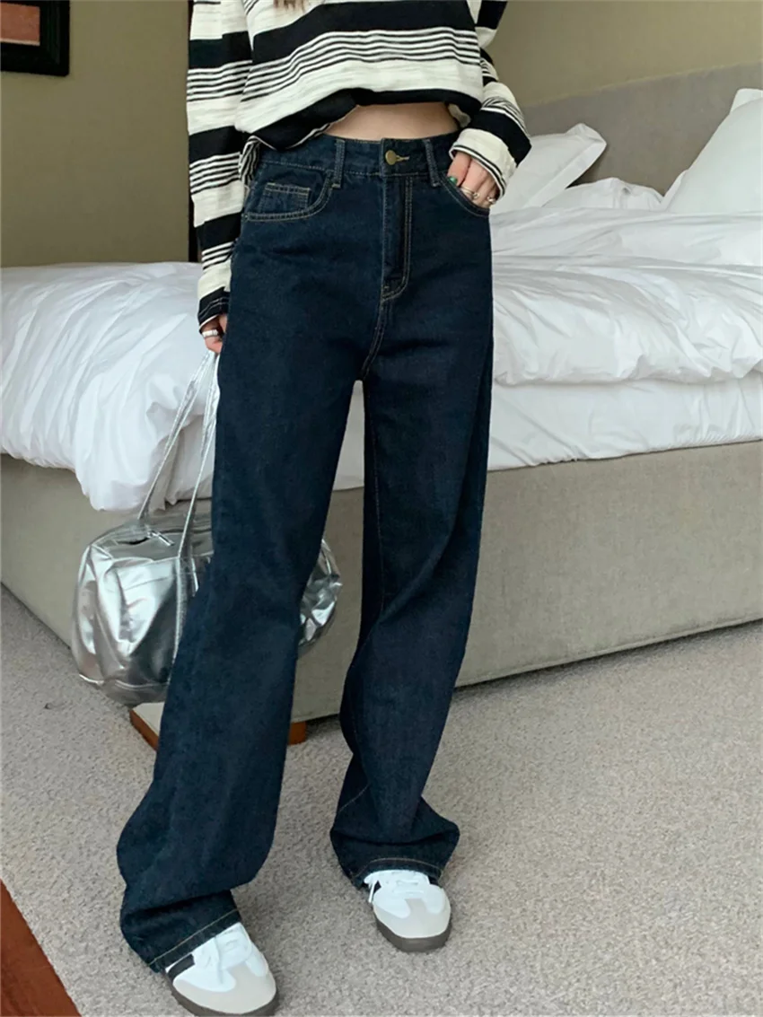 

PLAMTEE Blue Vintage Pants Women Straight Loose Autumn Chic Office Lady Denim High Street 2023 Casual Mopping Flare Jeans