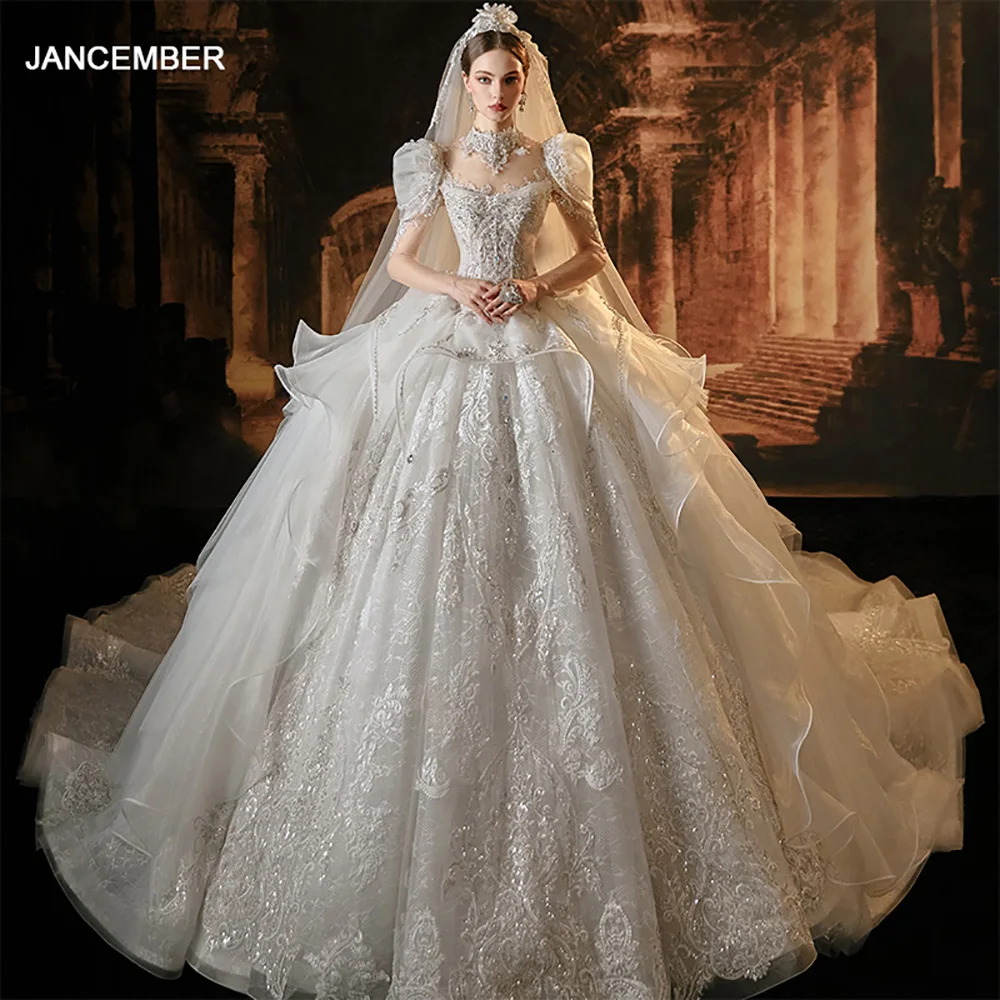 Jancember Tiptop Gorgeous Wedding Dress With Neck Accessories Ball Gown O-Neck Full Sleeves Beading Vestido De Novia LSMX006