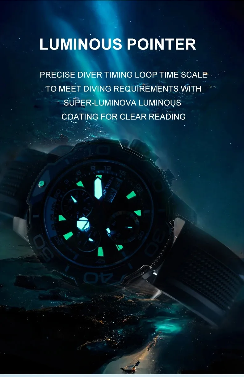 Reef Tiger Men Automatic Watch 45mm Military Mechanical Wristwatch Waterproof Luminous Multi Dial Month,Week,Date,24 Hours